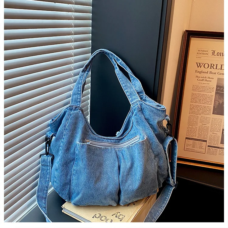 Solid-Color Canvas Bag Large Capacity Minimalist Casual One-Shoulder Crossbody Bag Versatile Commuter Denim Tote Bag Pocket.