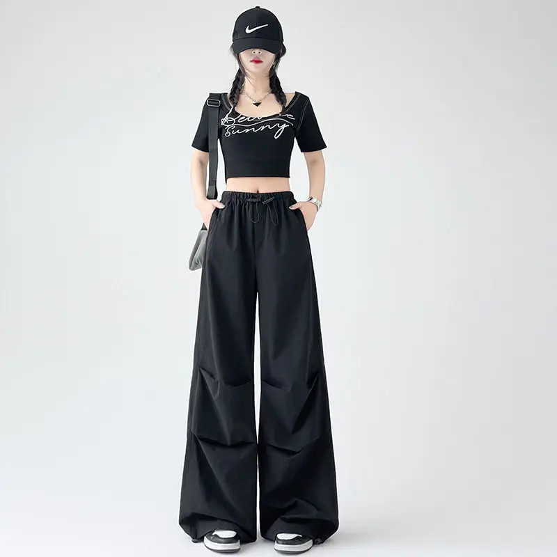 Pantalones informales de pierna ancha y cintura alta para mujer, ropa de trabajo de paracaídas American Sle, pantalones deportivos Qui Dry para primavera, otoño y verano