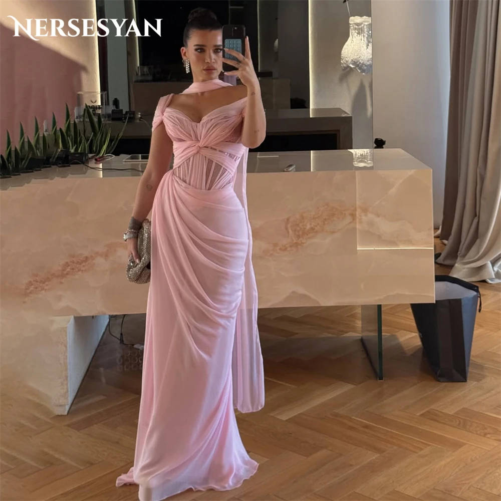 

Nersesyan Pink Mermaid Evening Dresses Off Shoulder Pleats Luxury Chiffon Formal Dress Backless Draped Prom Gowns Customized