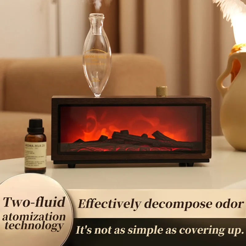 Simulated Flame Waterless Aroma Diffuser Ambient Night Light Atomizing Solid Wood Waterless Fragrance Diffuser for Household