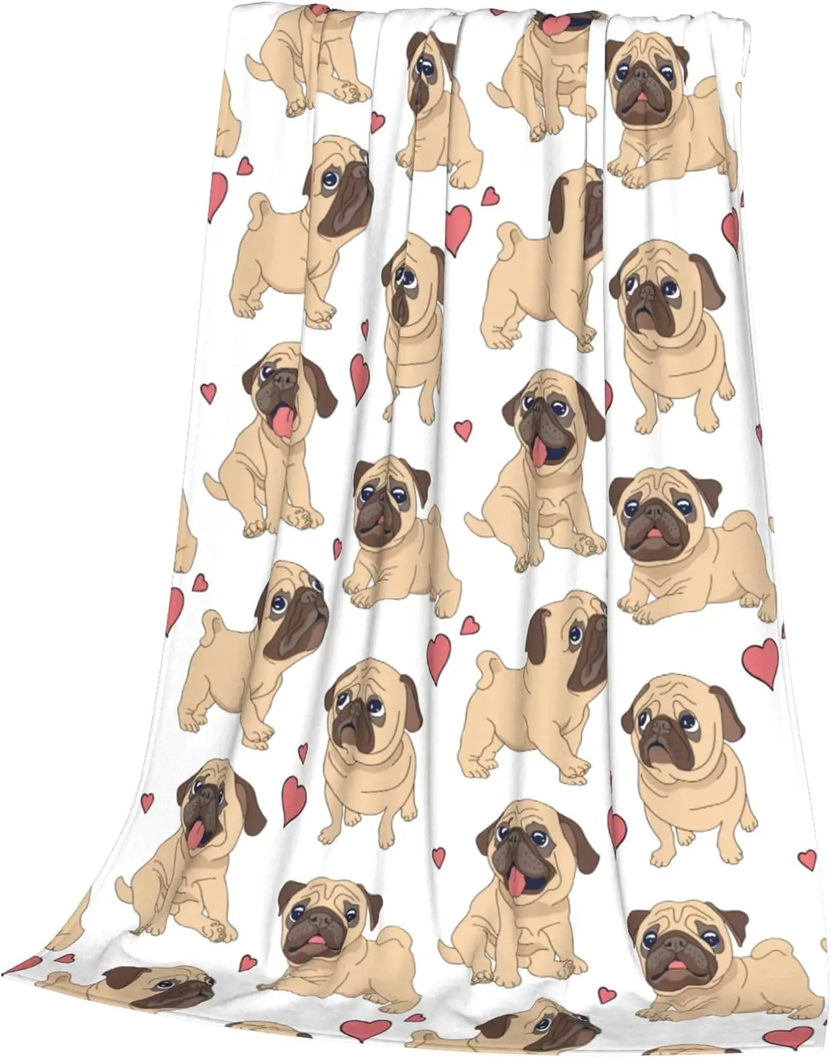 Cute Pug Dog Red Heart Repeating Print White Base Flannel Throw Blanket, Soft Warm Sofa Cover, Pet Lover Bedroom Rest Gift