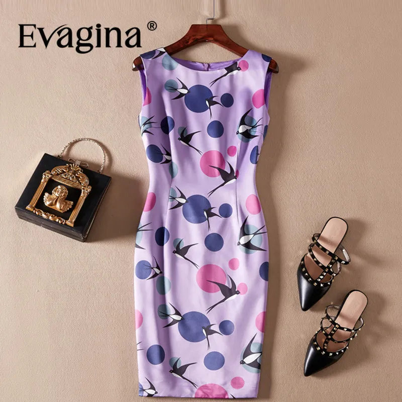 

Evagina New Fashion Runway Designer Dress Women's Sleeveless Swallow Printing Streetwear Purple Slim-Fit Hip Wrap Dress