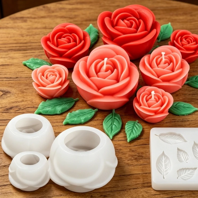 Rosenkerzenform-Set, 4-teiliges Blumenguss-Set mit 3 Rosenstilen und Blattstrukturplatte für Seifenherstellung und Heimblumen – Detail 2