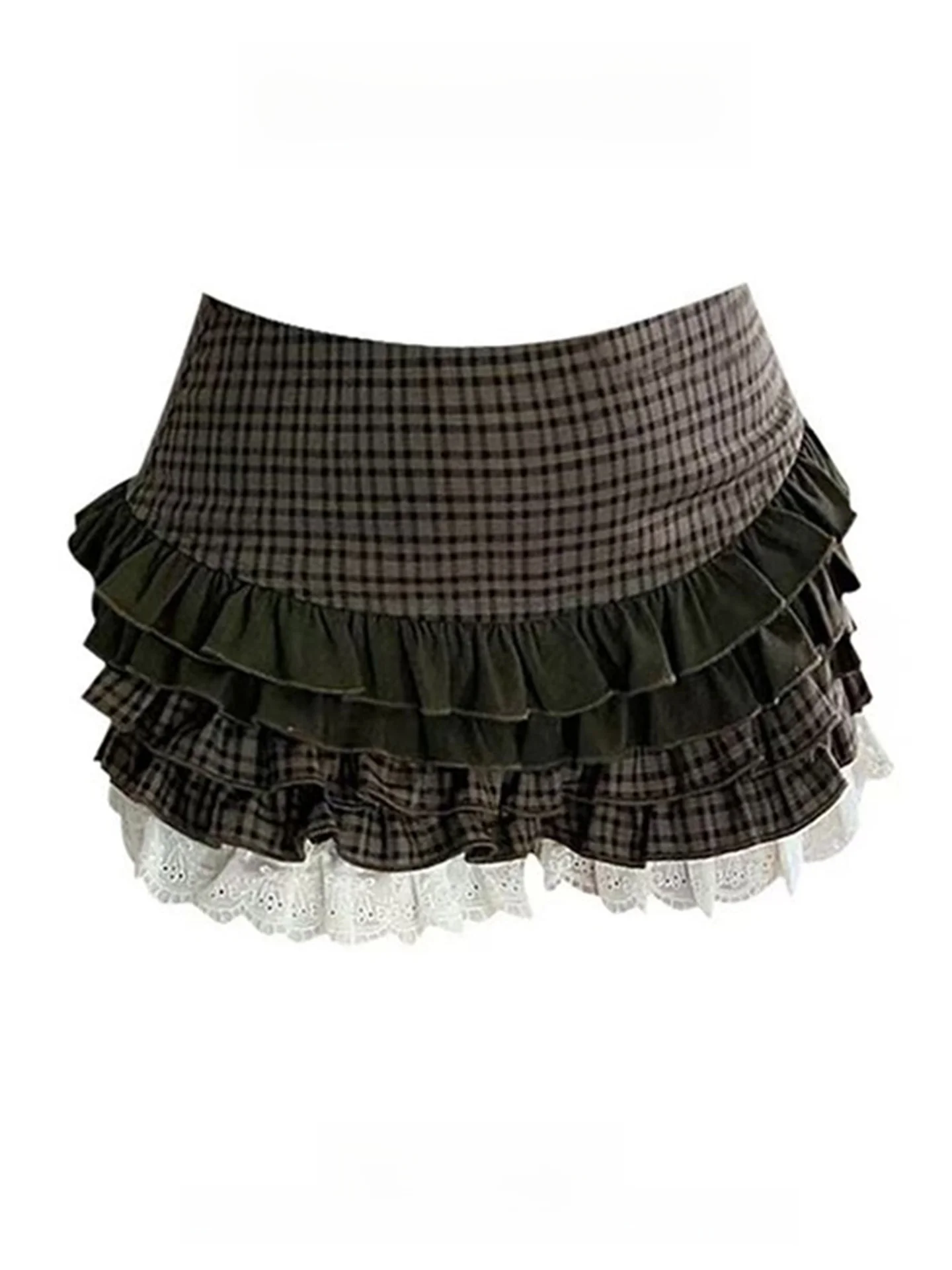 レトロブラウンチェック柄レーススプライシングスカート レディース 秋冬新作 スイートレイヤードケーキパフスカート ハイウエストゴアードスカート