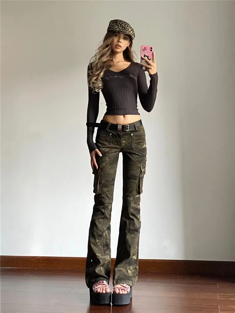 

American Retro Camouflage Hot Girl Low Waist Jeans Women's Slimming Long Spring High Heeled Extended Cuffed Workwear Pants
