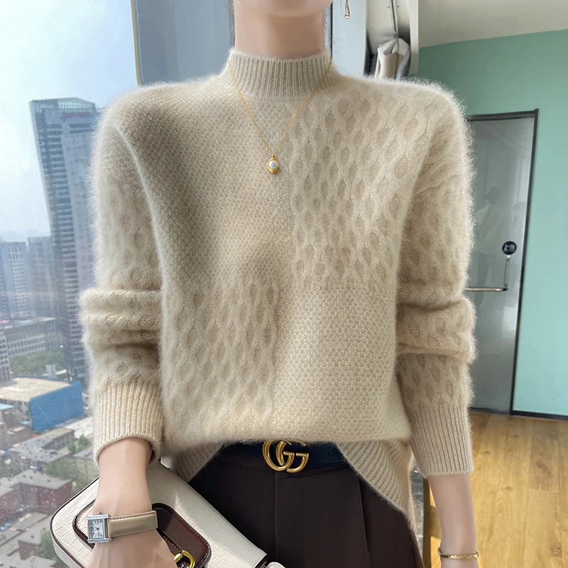 Autumn And Winter New 100% Pure Wool Thick Loose Half-High Turtleneck Pullover Women's Long Sleeve Bottoming Cashmere Top.