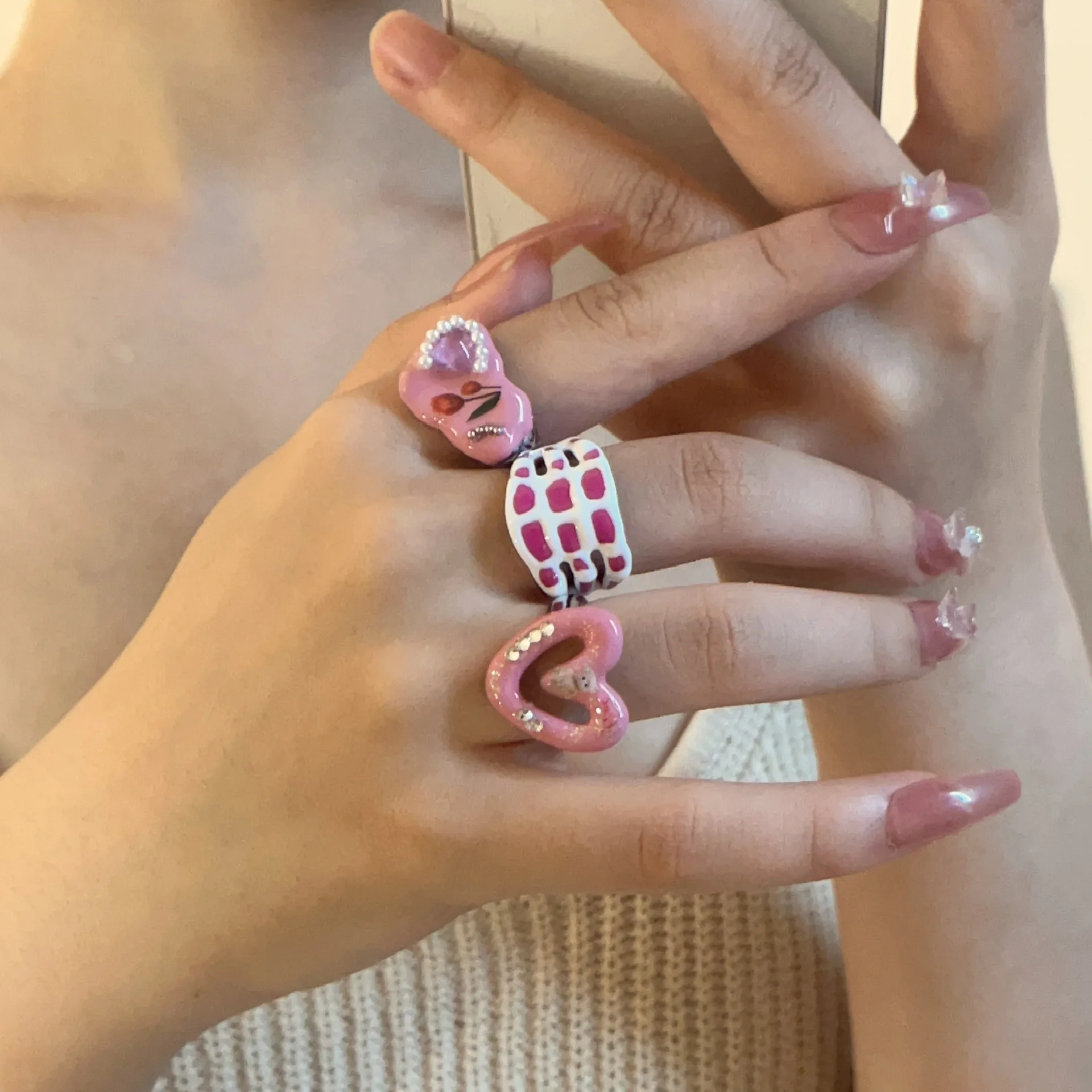 Y2K Pink Enamel Ring Set Cute Heart Butterfly Checkered Finger Rings For Women Trendy Colorful Drip Oil Aesthetic Party Jewelry