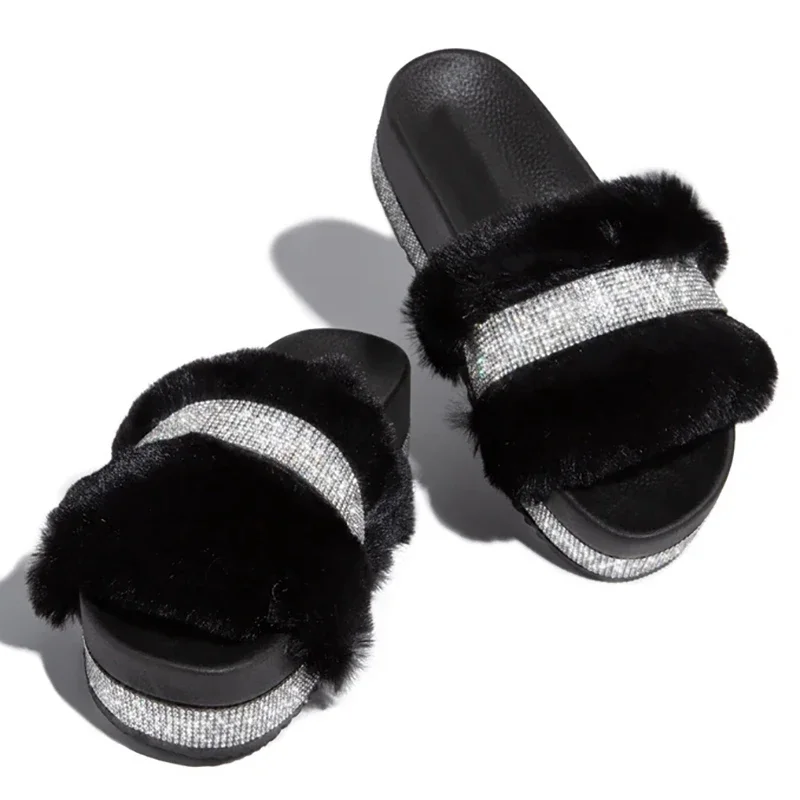 Luxury Designer Women Fur Rhinestone Slippers Platform Wedges Heel Solid Fluffy Furry Slides Outside Sexy Shoes Ladies Whosale