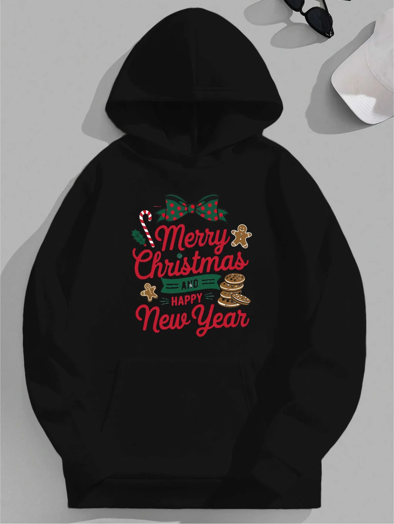Merry Christmas Happy New Year Women's Plus Size Hoodies, Casual Outfit, Seasonal Clothing, Relaxed Fit, Geometric Print, Warm