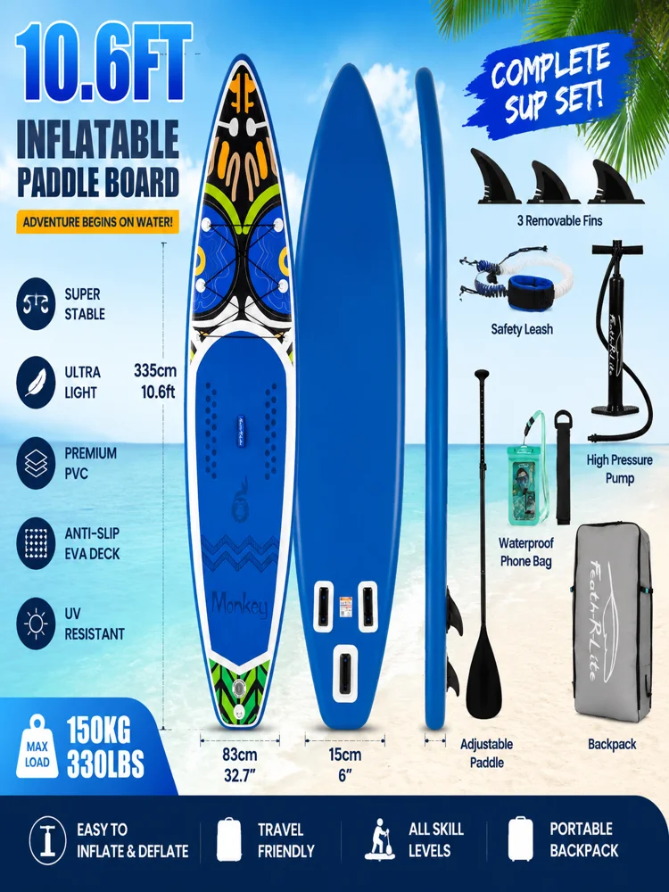FunWater 335*83*15cm Rutschfestes Surfbrett, Stand-up-Paddleboard, Hochwertiges PVC-Material, 165KG+ Tragfähigkeit, Tragbares Surfbrett-Paddel, 7-teiliges SUP-Board-Set.