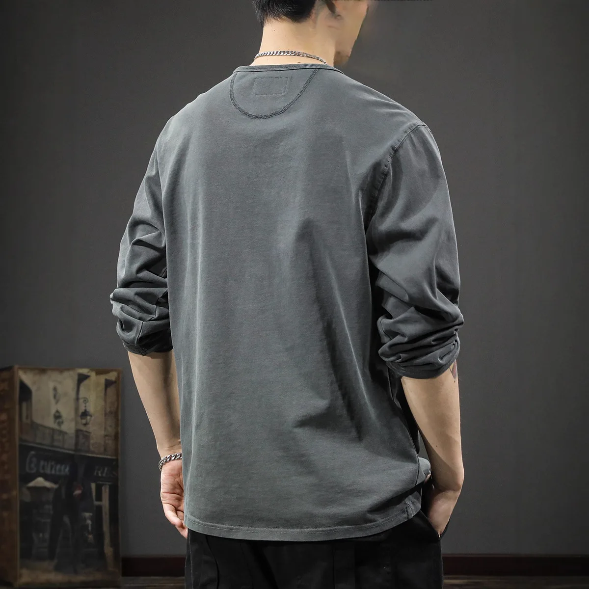 New Casual Men's Cotton Long Sleeve T-Shirt Loose Thin Spring And Autumn Henry Neck Bottom Shirt Sweater