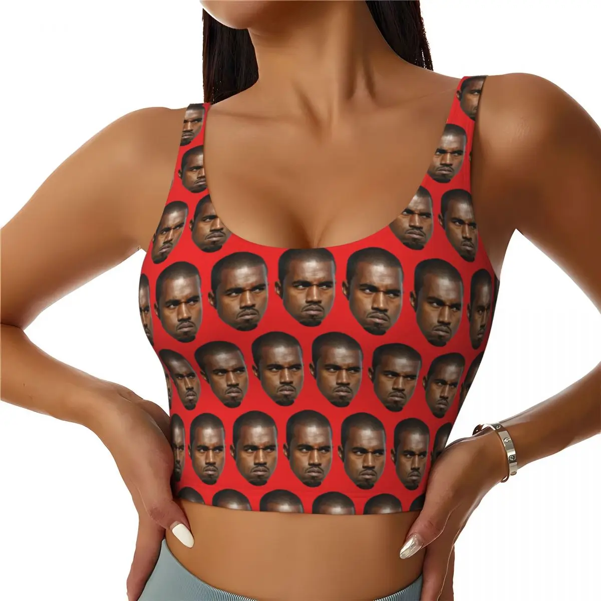Custom High Impact Funny Kanye West Meme Sports Bra for Women Rapper Music Producer Gym Workout Yoga Crop Top