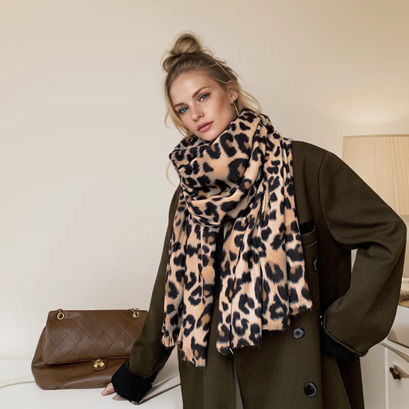 Leopard Print Thick Cashmere Scarf For Women Auutmn Winter Warm Fashion Neckscarf Lady Party Elegant Wraps Forlard