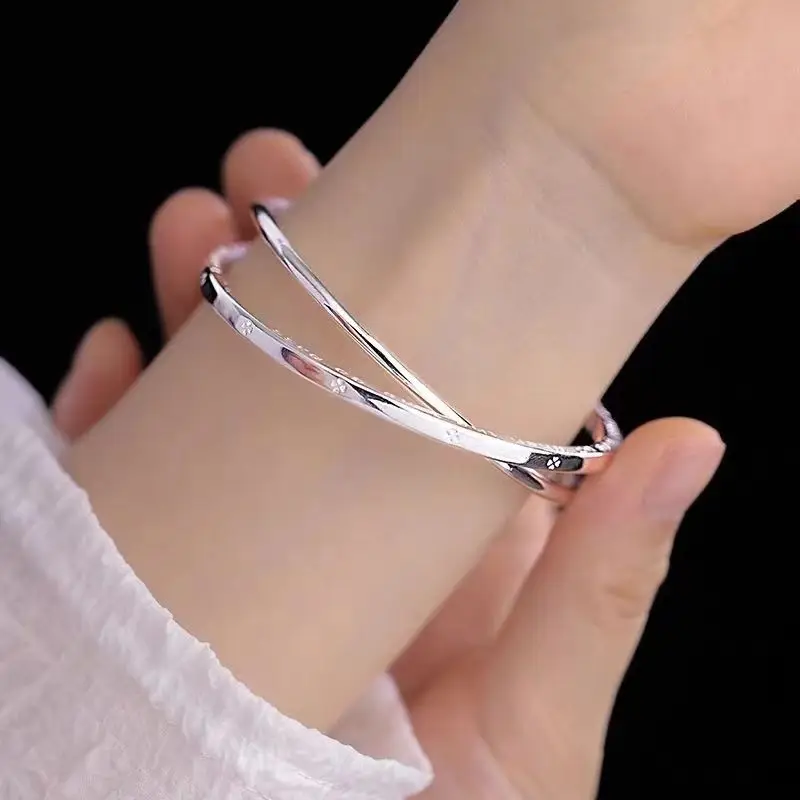 

Double Ring Clover Jewelry Luxury Valentine's Day Gift S999 Sterling Silver Bracelet for Women Innovative High Jewelry