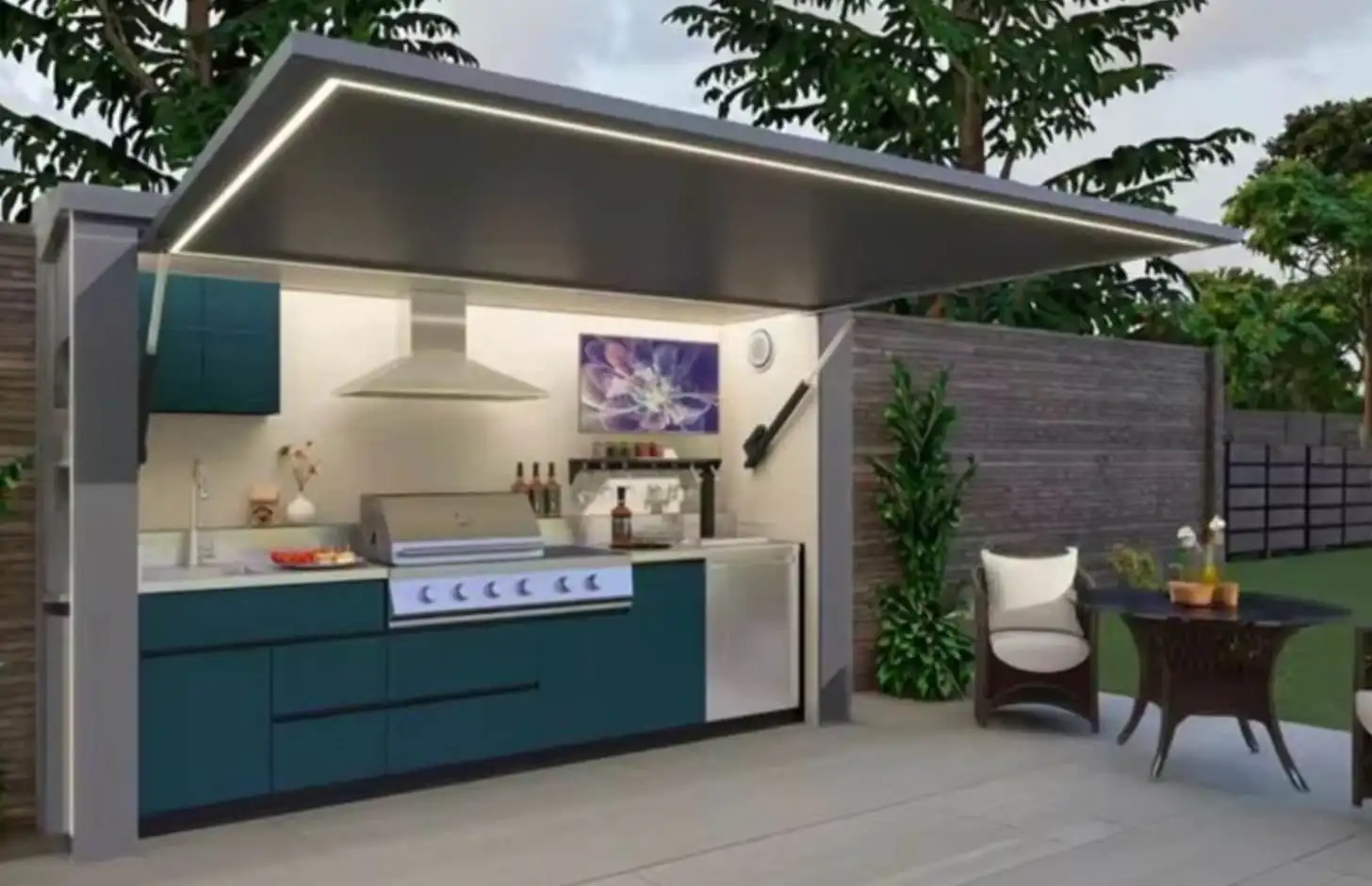 Waterproof Stainless Steel 304 Outdoor BBQ Kitchen Set With Motorized Lift Up Roof And Sink Fridge Grill