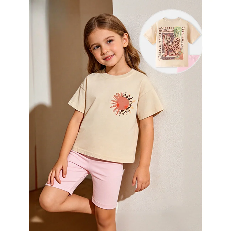 

Summer New3-8Girls' Two-Piece Outfit with Cartoon Animal Print and Round Neck Short Sleeve Top Young Children