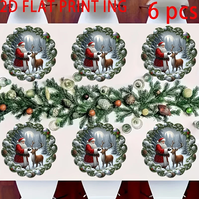 VIKAMA Round Scalloped Christmas Placemats Snowy Santa Reindeer Linen Mats Non-Slip for Winter Holiday Party Table Decor