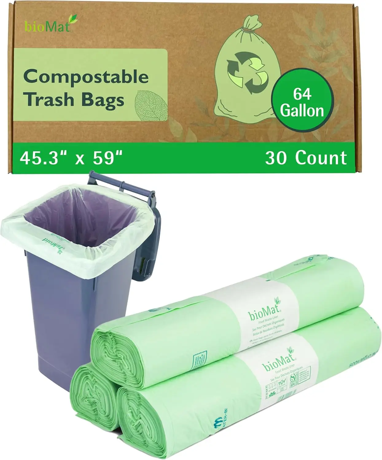 

64 Gallon Compostable Trash Bags, 30 Count, Extra Large Kitchen Bags for Food Waste, Certified Leak-Proof