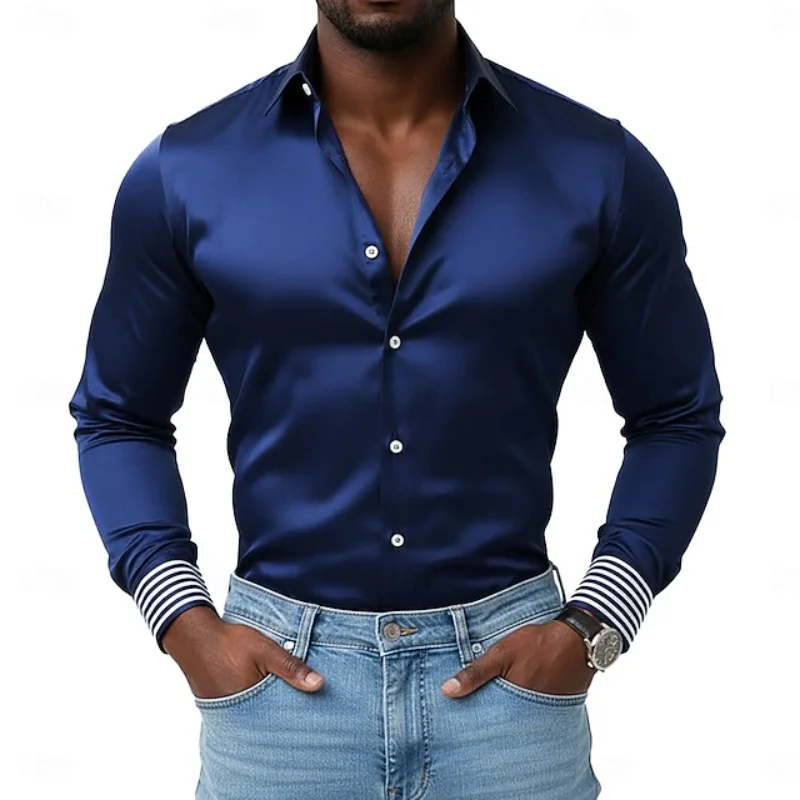 Men's satin long sleeved shirt with contrasting stripes and ribbed cuffs, a light luxury business casual men's top with a lapel