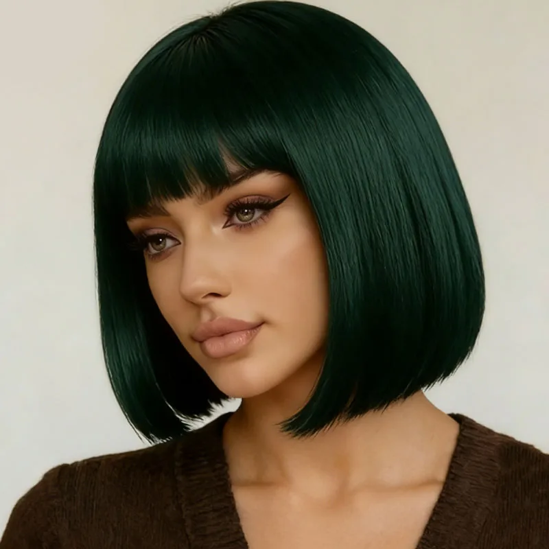 Party exclusive dark green bobo wig 12 inches with bangs synthetic fashion versatile suitable for daily and Halloween all women