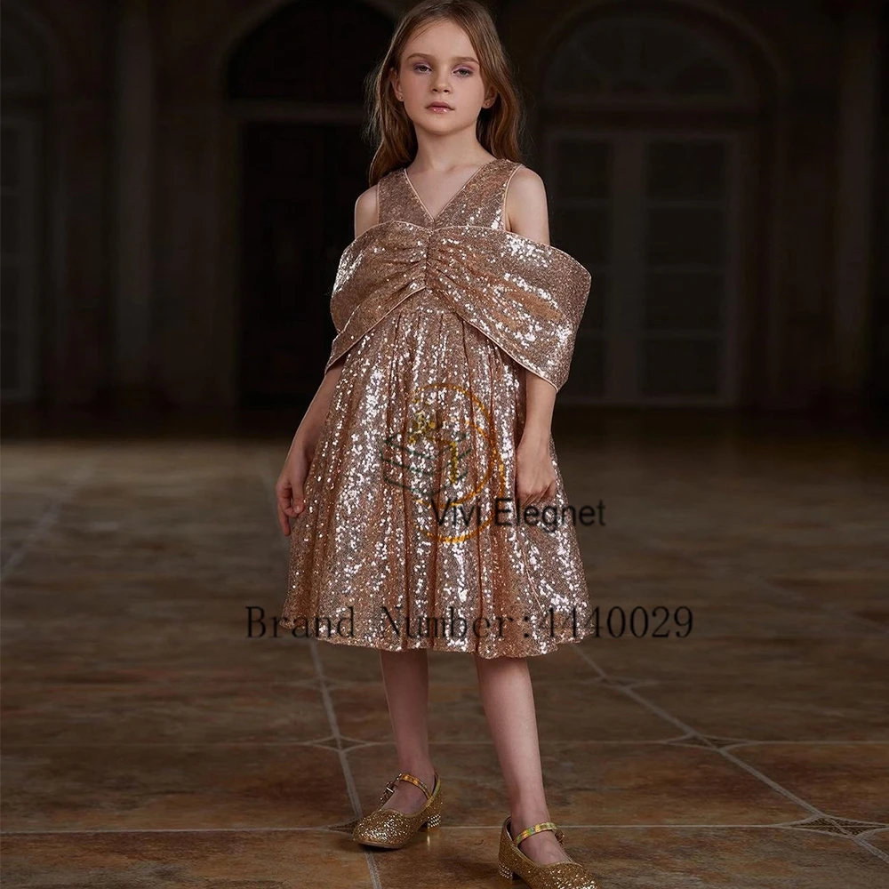 Champagne Spaghetti Straps Flower Girls Dresses for Kids 2024 Sequined Knee Length Off Shoulder Christmas Gowns فلور فتاة اللباس