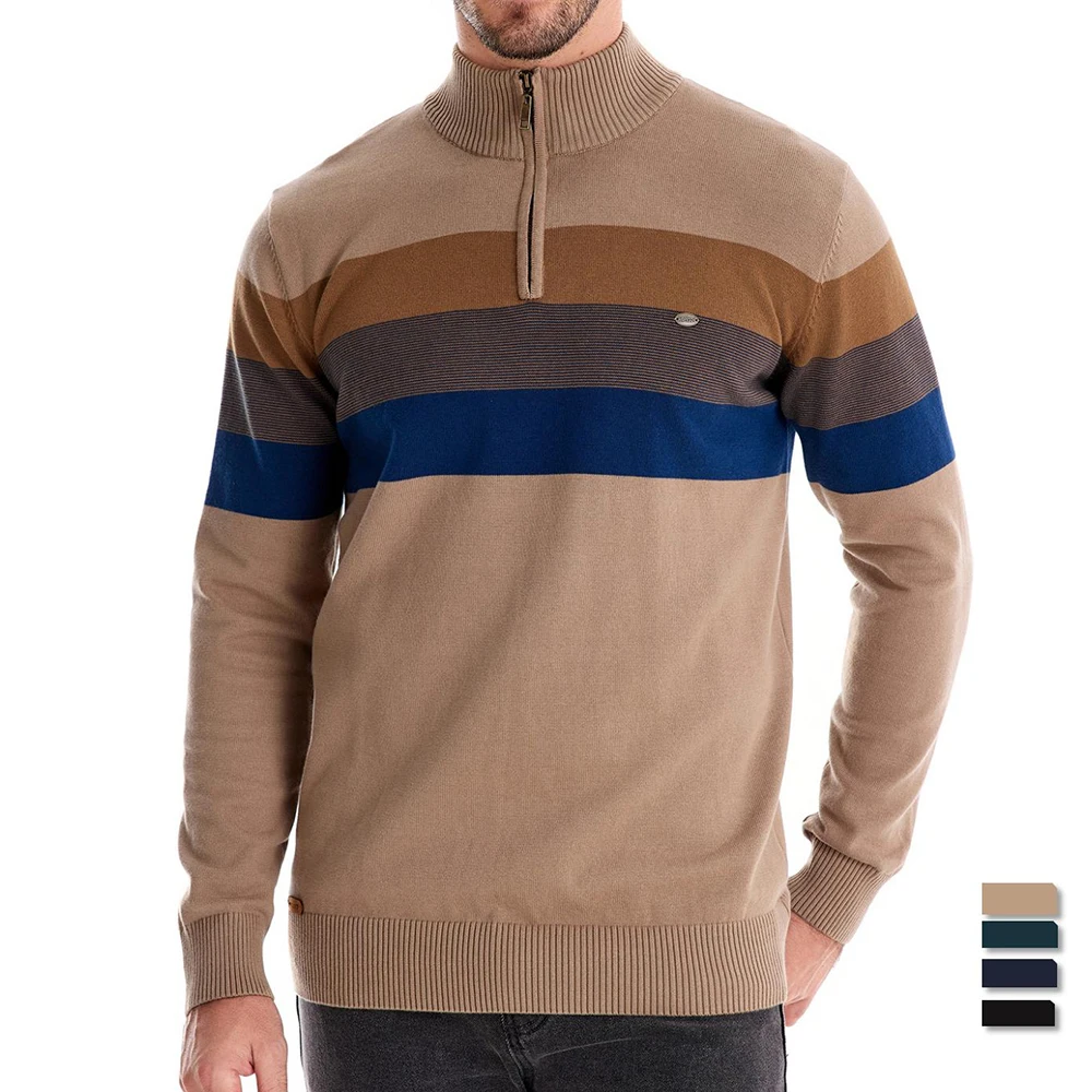 AIOPESON Cotton Strip Pullover Sweater for Men Quarter Zipper Autumn Winter Warm Casual Business Knitted Mens Sweaters