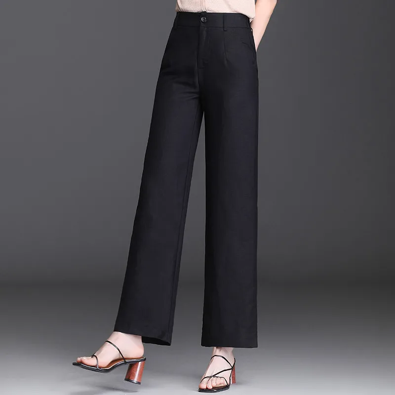 Cotton Hemp Wide Leg Pants Casual Elastic Waist Spring Summer Women's Pants Loose Straight Pants Draping Women's Trial Pants 5XL