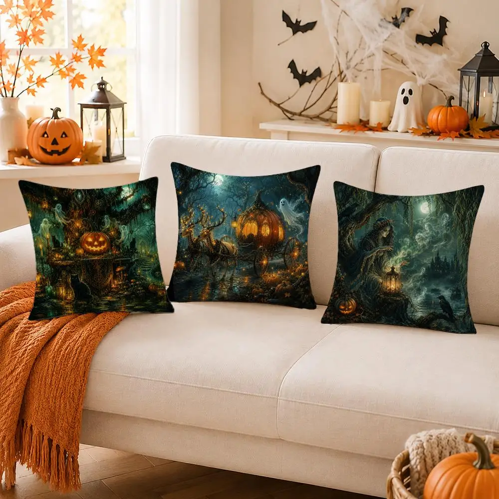 Dark Magical Halloween Witch Pumpkin Forest Cushion Cover Skin-Soft Pillow Cover Festive Home Accent Great Gift for Sofa Bed