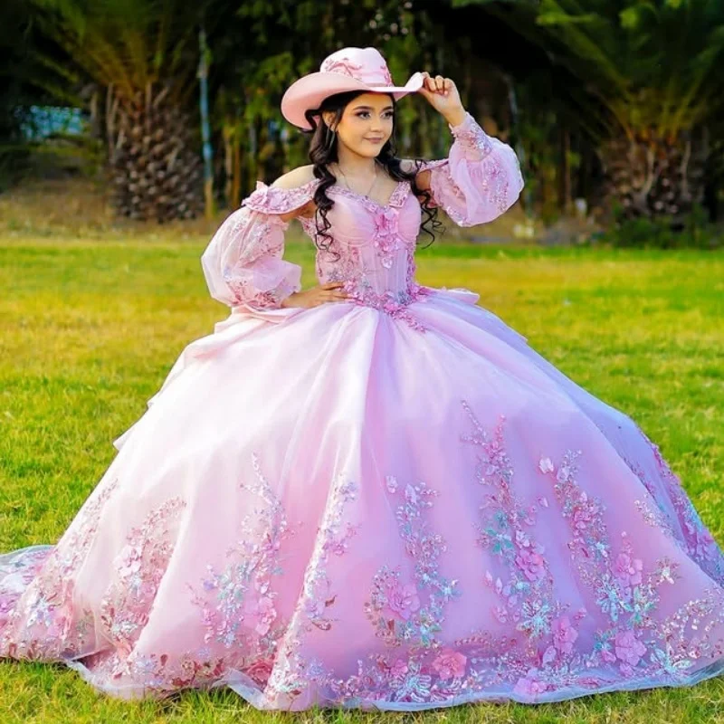 

Pink Quinceanera Dresses Glitter 3D Flower Crystal Decal long sleeves Long tail Big Bow Vestido 15 Quinceanera Customize