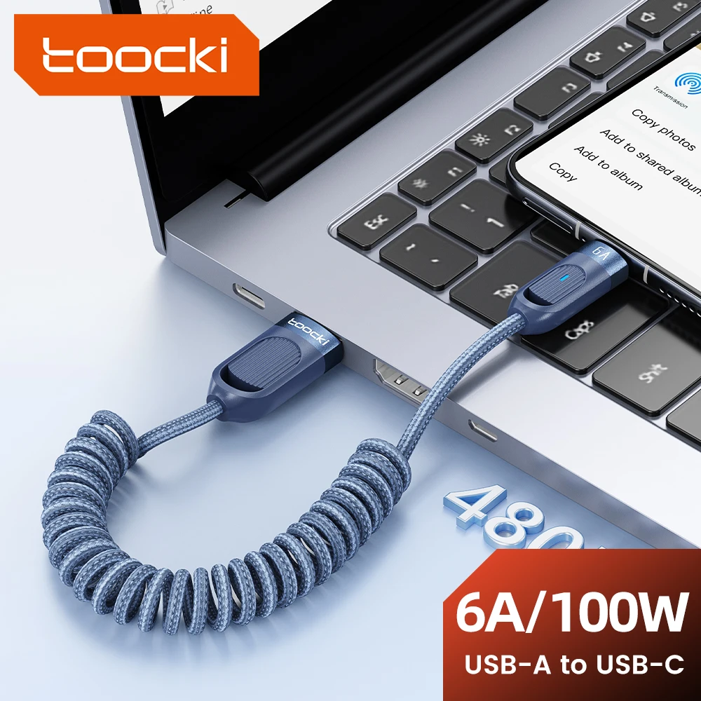 Toocki Fast Charging 6A Type C Cable Spring Telescopic Car Phone Charger USB Cable For Samsung S23 Xiaomi 12 Redmi USB C Cable