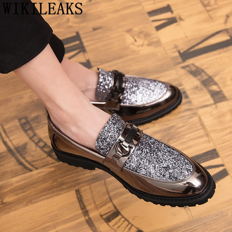 Coiffeur Men Glitter Shoes Italian Brand Gold Party Shoes For Men Brown Dress Wedding Shoes Men Formal Sepatu Slip On Pria Bona