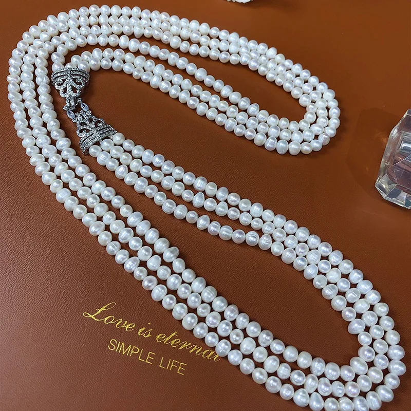 6-7mm Freshwater Pearl Long Necklace, French Vintage Multi-Layer Style, Elegant Sweater Chain for Holiday Fashion
