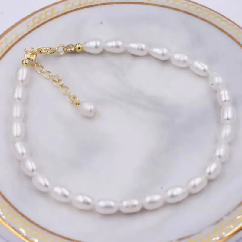 

Dainashi AAA Quality 5-6mm Rice Shape Freshwater Pearl Bracelet 16cm 4cm Adjustable White Pearl Bracelet Jewelry Gift
