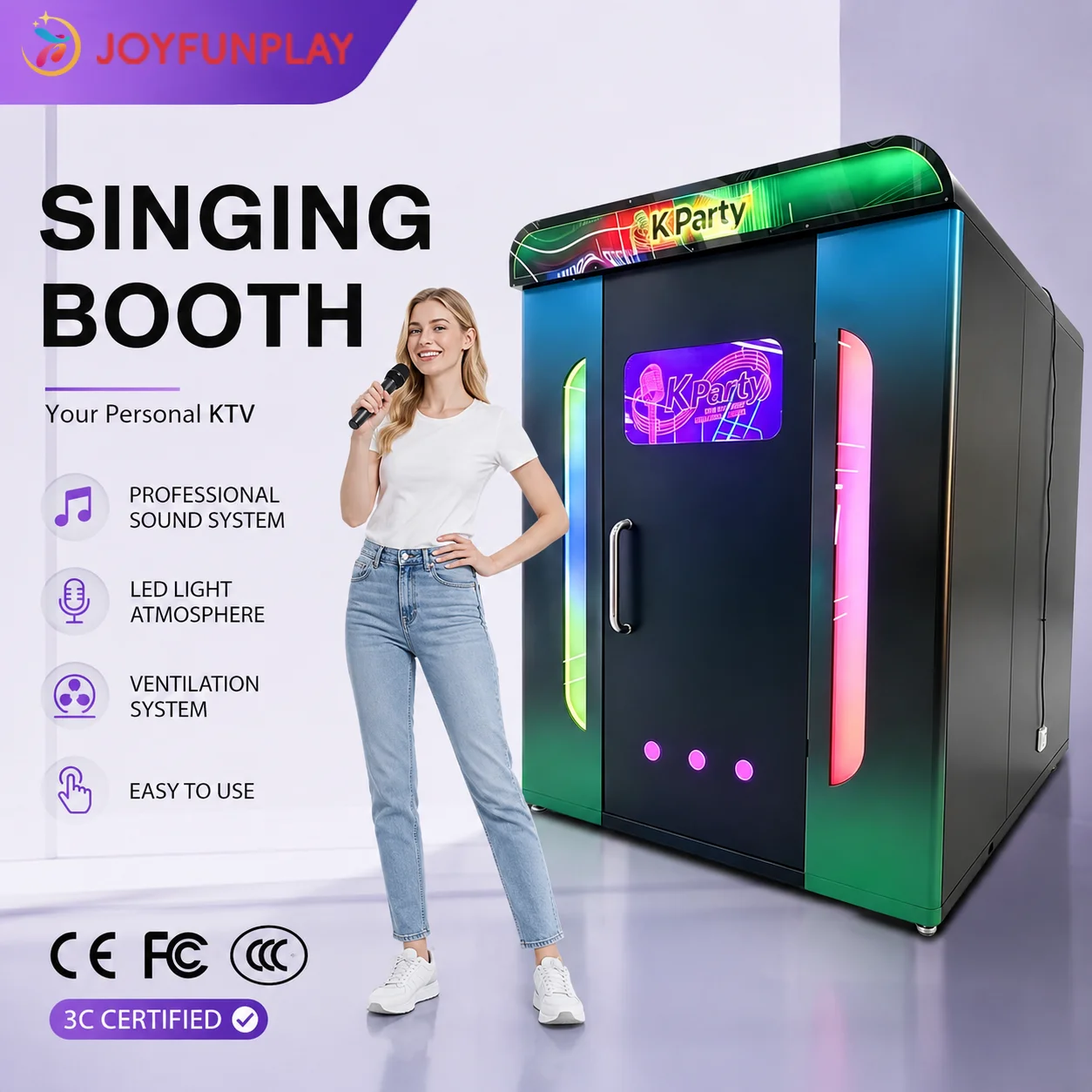 FOODLINE Customized Mini Karaoke Room 2 Person Soundproof Singing Booth with LED Lighting Optional Score System