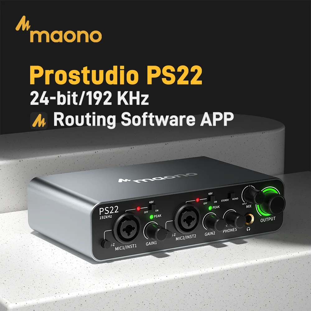 MAONO-PS22 Interfejs audio USB do komputera PC, przedwzmacniacz Pro 60 dB, 24 bity 192 kHz, podwójny interfejs USB do komputera PC i smartfona, oprogramowanie do routingu do nagrywania w domu, produkcji muzycznej, gita
