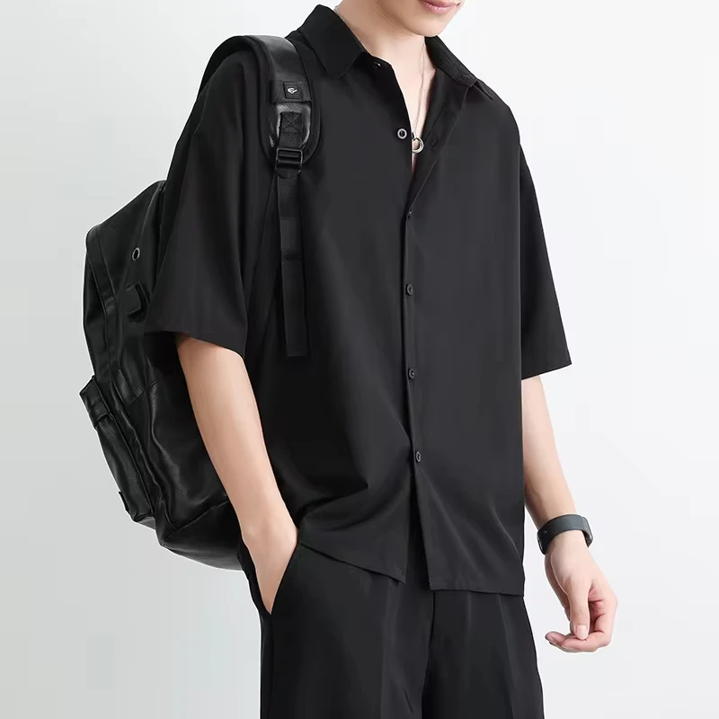 2025 Summer casual thin ice silk short-sleeved men's shirt, loose black fashionable shirt, casual high-end top