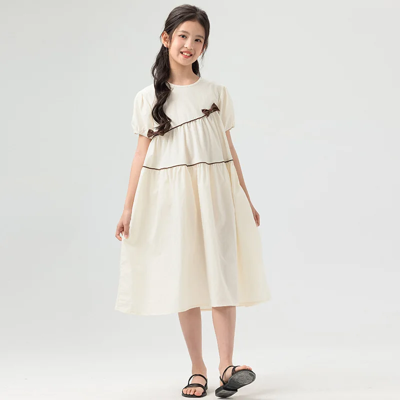 2026 summer Dresses kid baby party princess Girls bow Mid Long lace Patchwork Teenager layered chiffon 4 8 to 10 12 14 Years