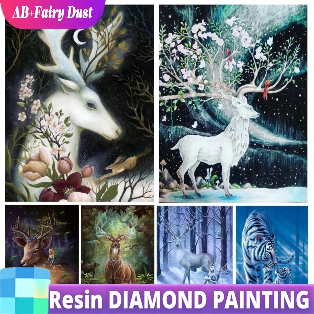 เรซิ่น AB Fairy ฝุ่น 5D DIY เพชรภาพวาดเจาะแฟนตาซีสัตว์ป่ากวาง Tiger ภาพโมเสคเต็มรูปแบบหัตถกรรมของขวัญ