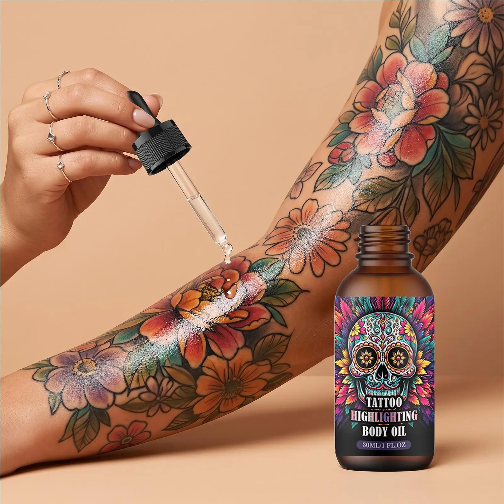Tattoo Brightening Body Oil, Non-Sticky Plant-Baseds Moisturizer For Vibrant Skin, Daily Travel Care Oil With Botanical Formula