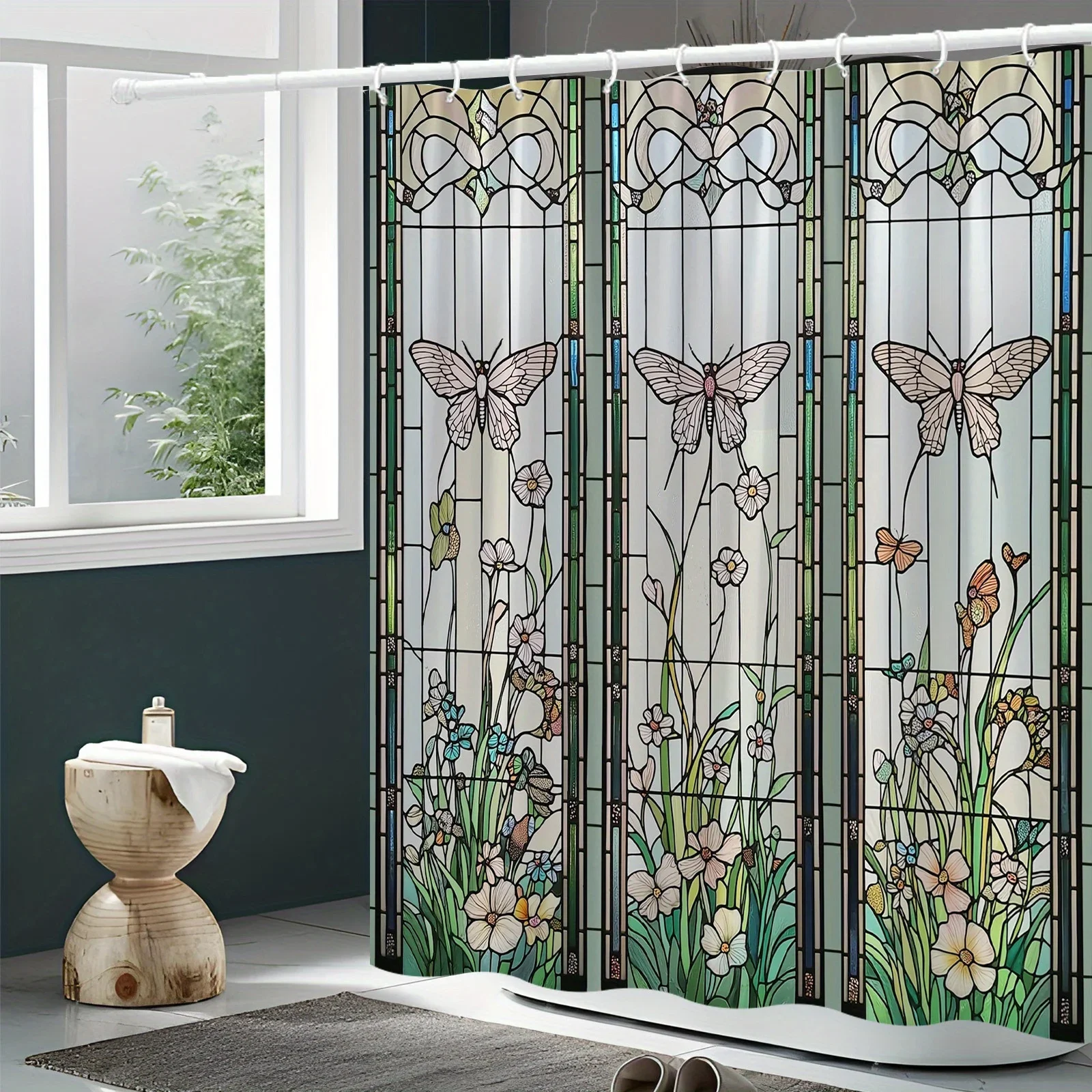 

1 шт. занавеска для душа Art Nouveau с цветочным принтом и бабочкой — полиэстер 70x70 дюймов, яркие цвета, можно стирать в машине, 12 крючков, декор для ванны