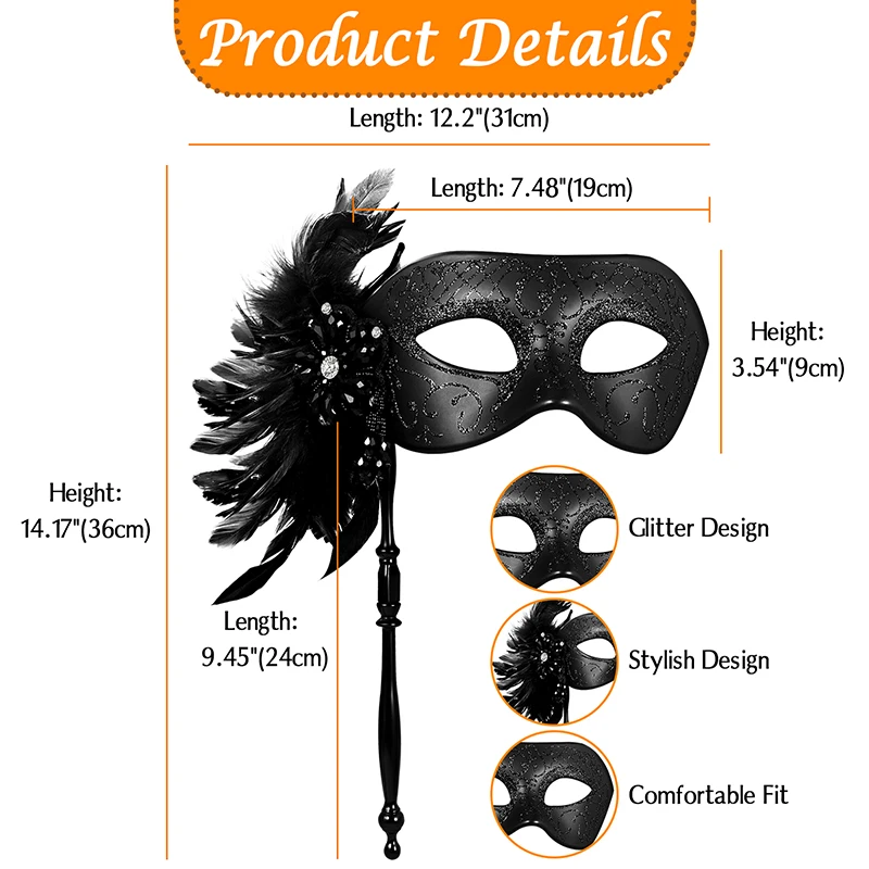 Feathered Masquerade Mask with Handle for Women Venice Halloween Costume Accessory Black Carnival Party Dance Event Mask