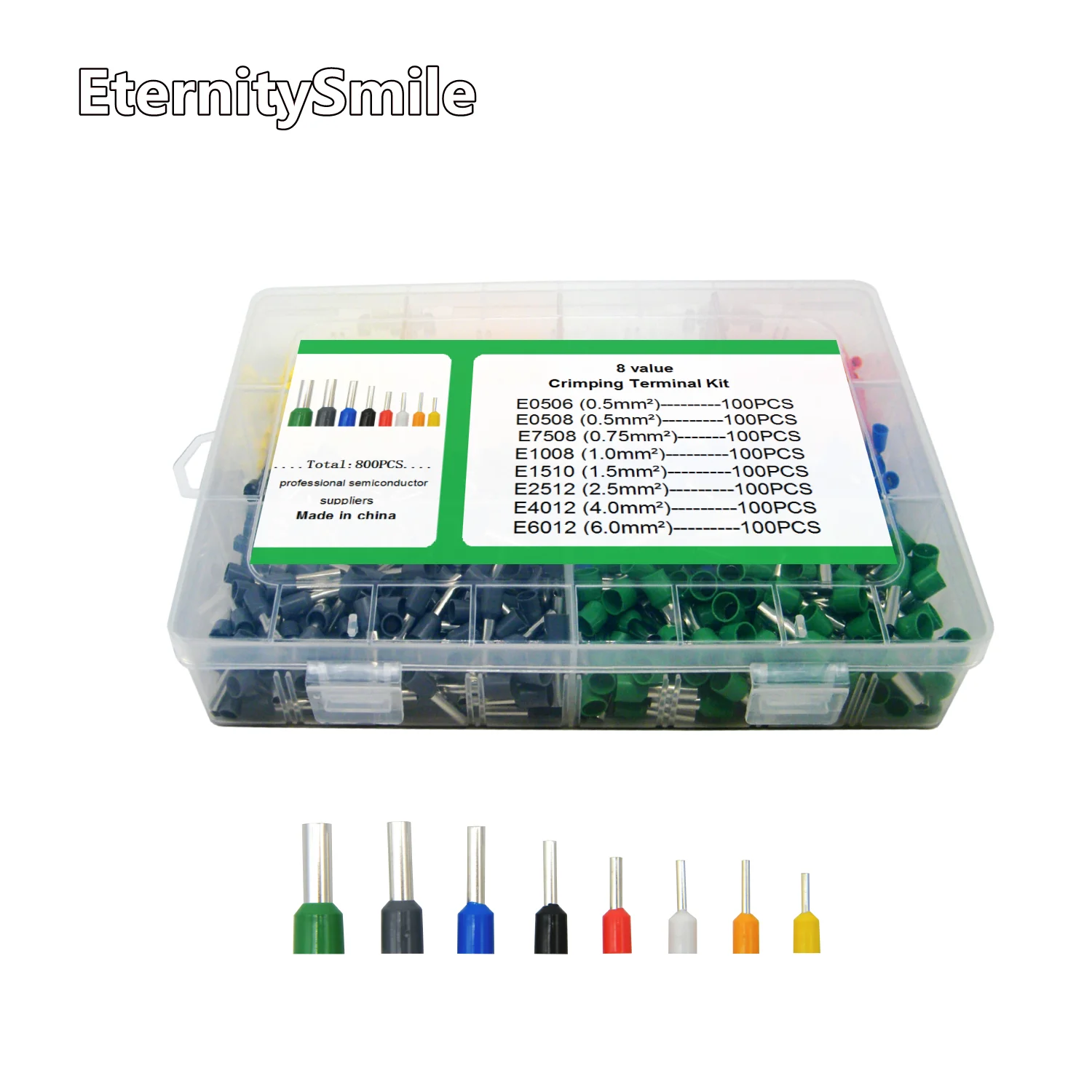 

800Pcs/Box 8 Values Cable Wire Crimp Terminal Cable Tube EuropeanType Mixed Copper Wire Connector Kit