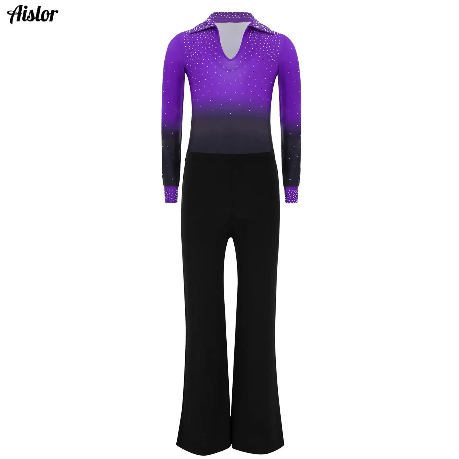 

Kids Boys Jazz Latin Dance Performance Costume Shiny Rhinestones Gradient Color Turn-Down Collar Long Sleeve Leotard with Pants