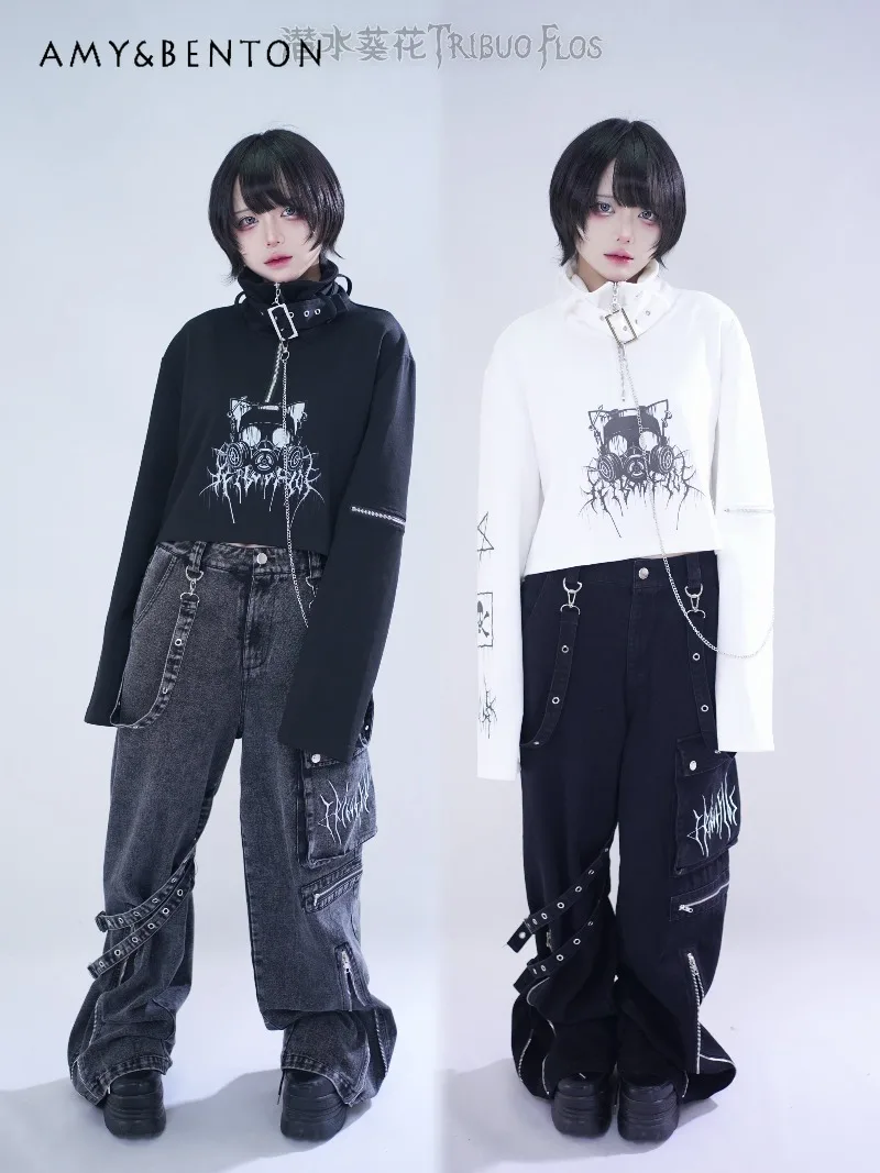 Harajuku Style Turtleneck Dark Girl Cartoon Print Long-sleeved Top Subculture Japanese Functional Style Gothic Oversized Top