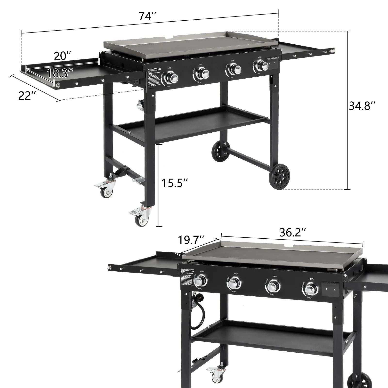 Foldable 4-Burner Flat Top Gas Griddle Station, Propane Fueled with Side Shelves, ideal for Outdoor Barbecue & Backyard Cookout.