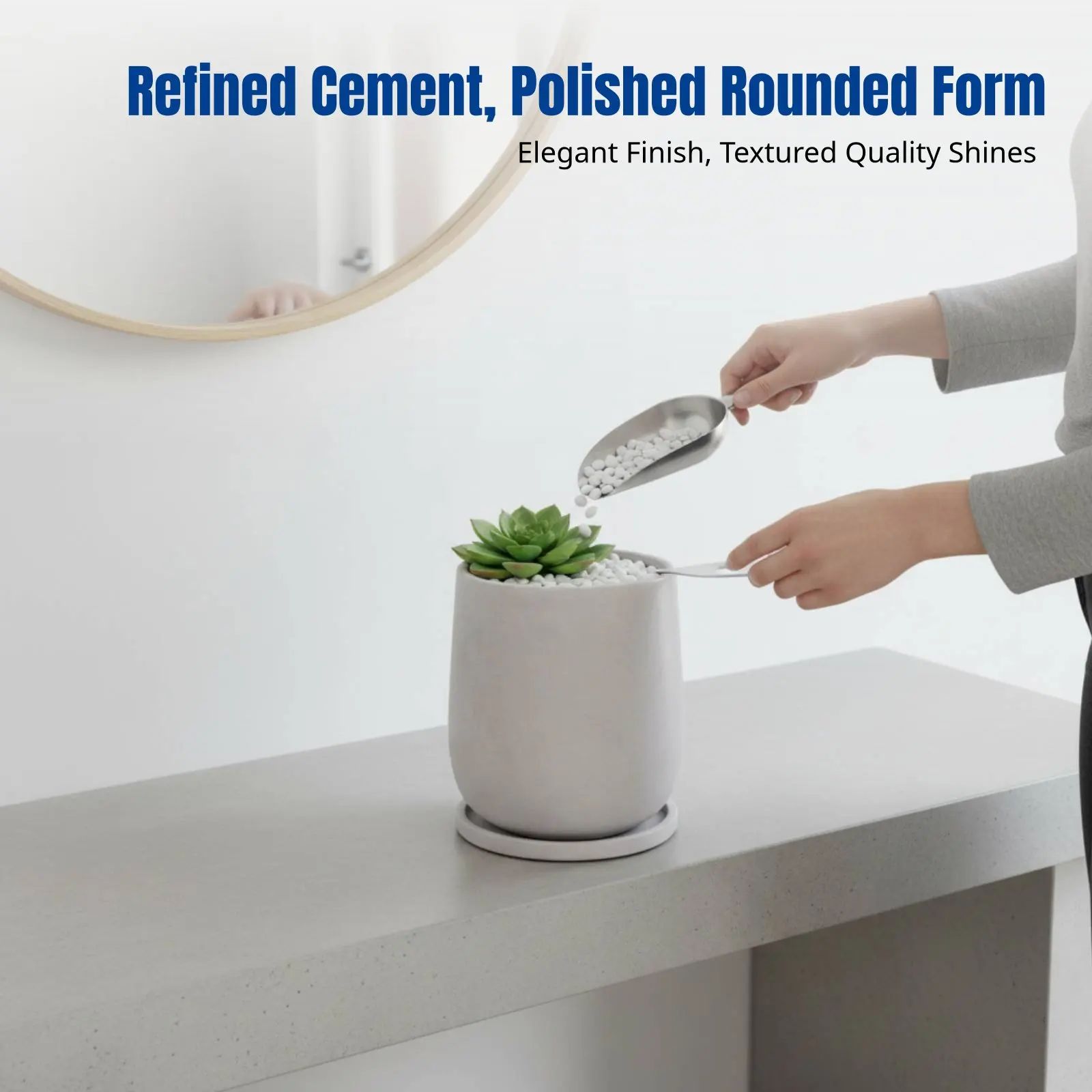 Nordic Cement Flower Pot, Round Minimalist Planter with Tray, Breathable Large Indoor Pot, Handmade Modern Design