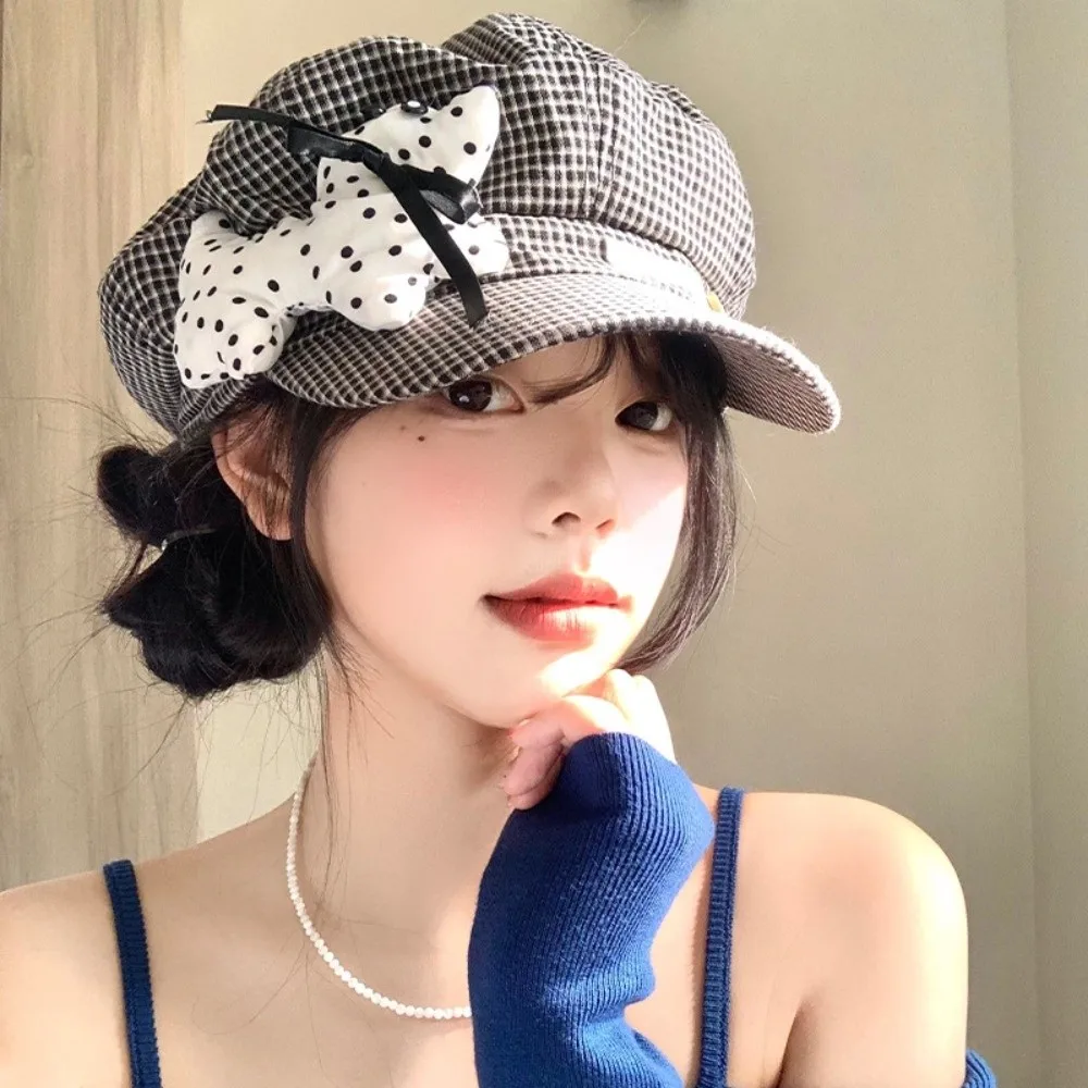 

Casual Cute Puppy Cloud Berets Y2k Plaid Octagonal Caps Korean Sweet Painter Hat Women