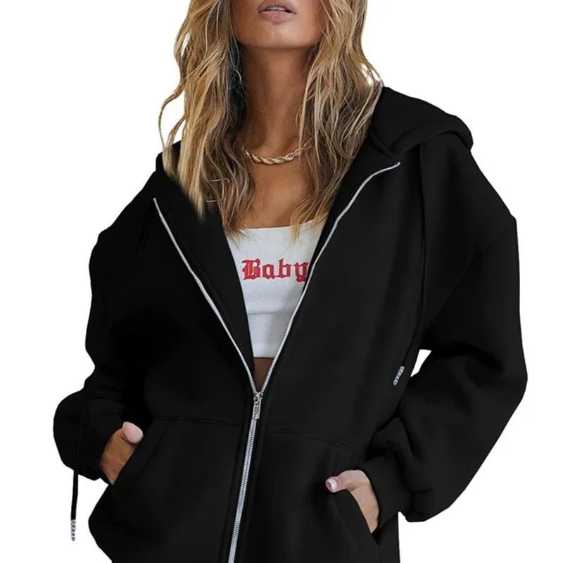 Autumn Winter Women Fashion Casual Zipper Hoodie High Street Solid Long Sleeve Pockets Loose Unisex Outerwear Sweatshirts