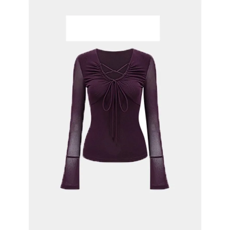 Camiseta de manga larga de malla púrpura para mujer, nueva moda de otoño, diseño de cuello con cordón, Top ajustado de nicho