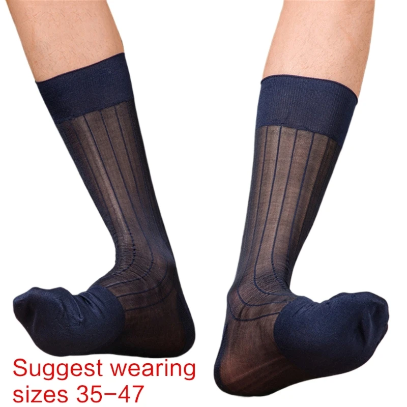 Mens Thin Dress Socks Silk Sheer Formal Business Socks Nylon Middle Calf Suit Socks See Through Ribs Striped Socks